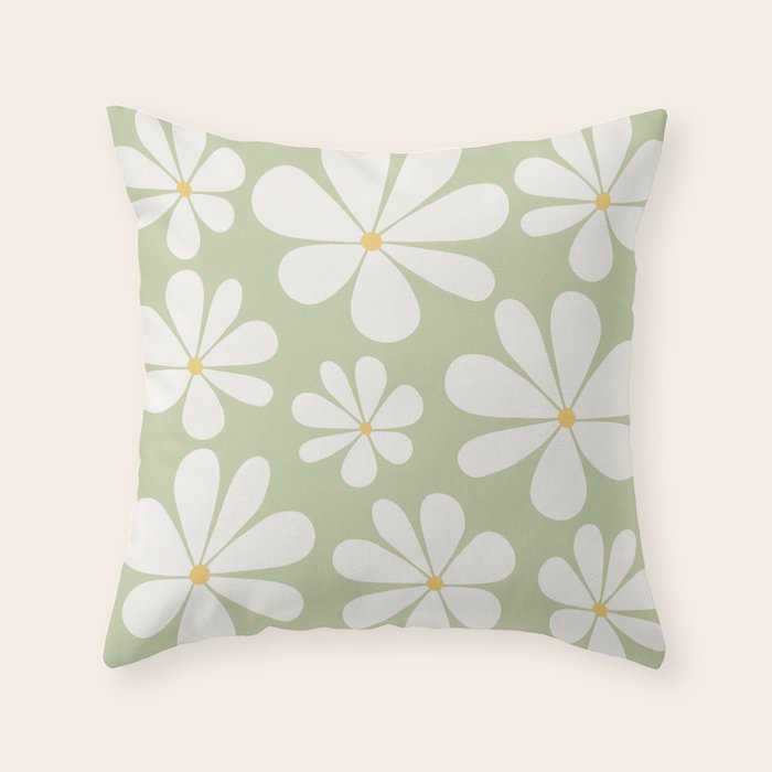 Retro Daisy Pattern - Pastel Green Throw Pillow Gallery Image 6