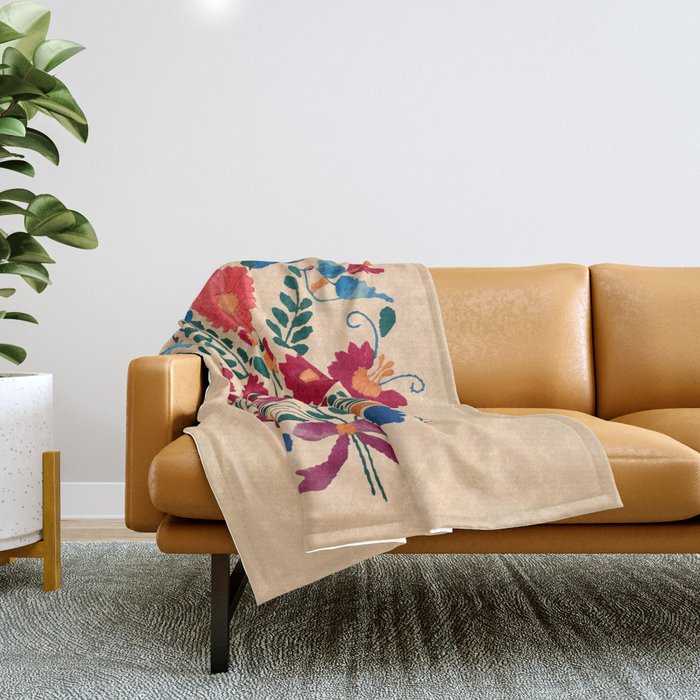 Mexican Bird Motif Cream  Throw Blanket Gallery Image 1