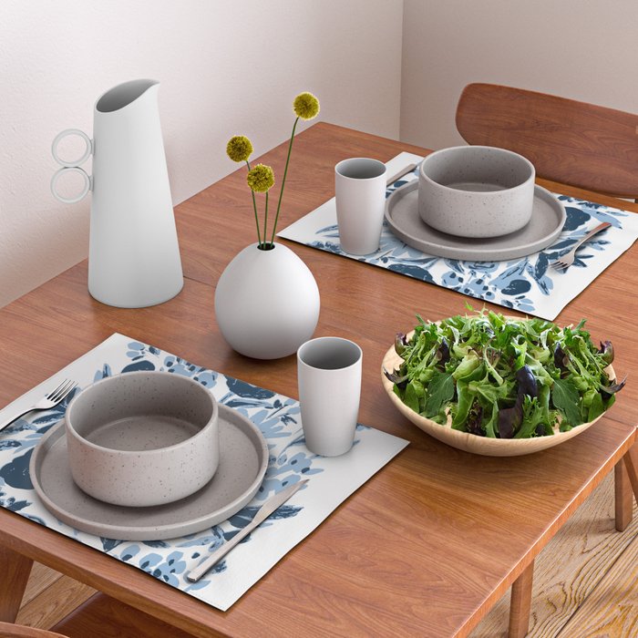 Blue monochrome artsy wildflowers Placemat Gallery Image 2