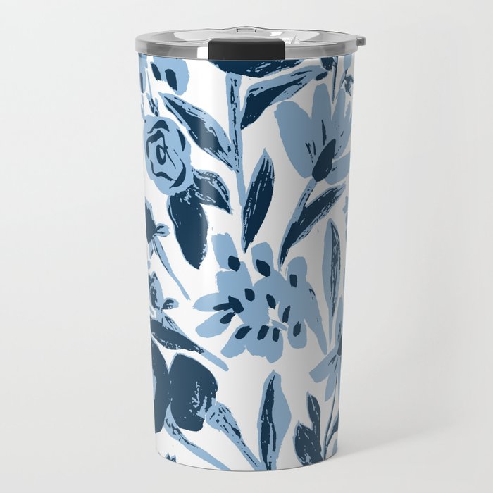 Blue monochrome artsy wildflowers Travel Mug Gallery Image 1