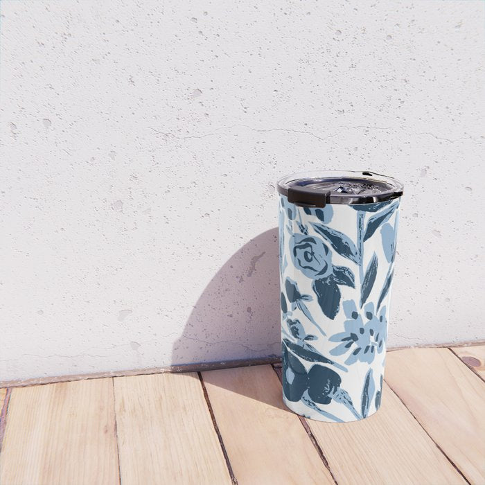 Blue monochrome artsy wildflowers Travel Mug Gallery Image 4