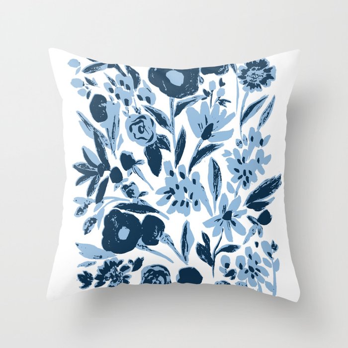 Blue monochrome artsy wildflowers Throw Pillow Gallery Image 6