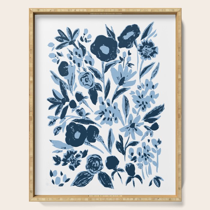 Blue monochrome artsy wildflowers Serving Tray Gallery Image 1