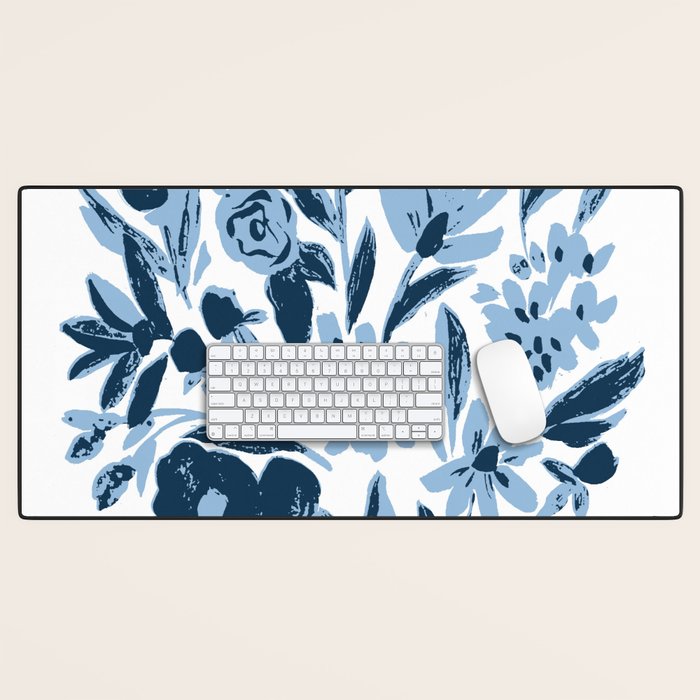 Blue monochrome artsy wildflowers Desk Mat Gallery Image 1