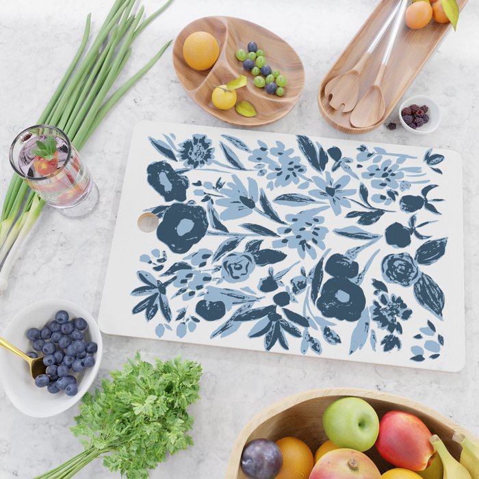 Blue monochrome artsy wildflowers Cutting Board Gallery Image 2