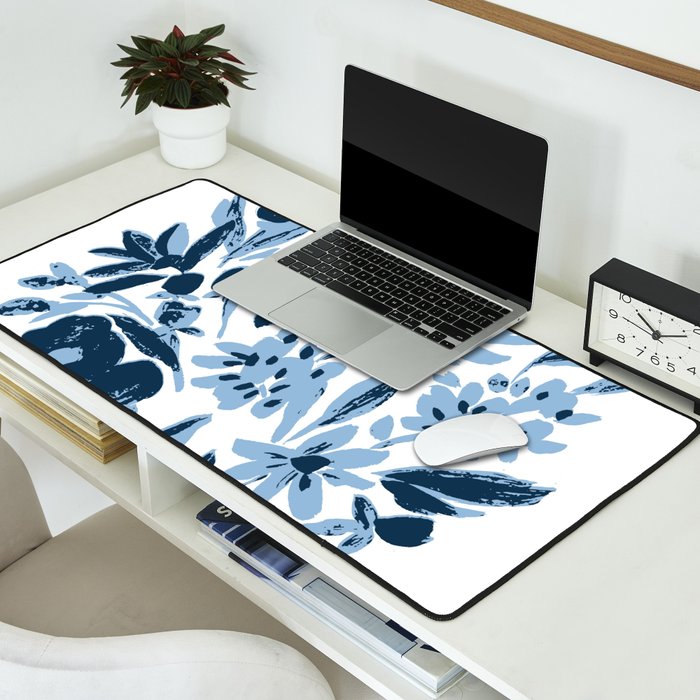 Blue monochrome artsy wildflowers Desk Mat Gallery Image 2