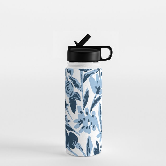 Blue monochrome artsy wildflowers Water Bottle Gallery Image 1