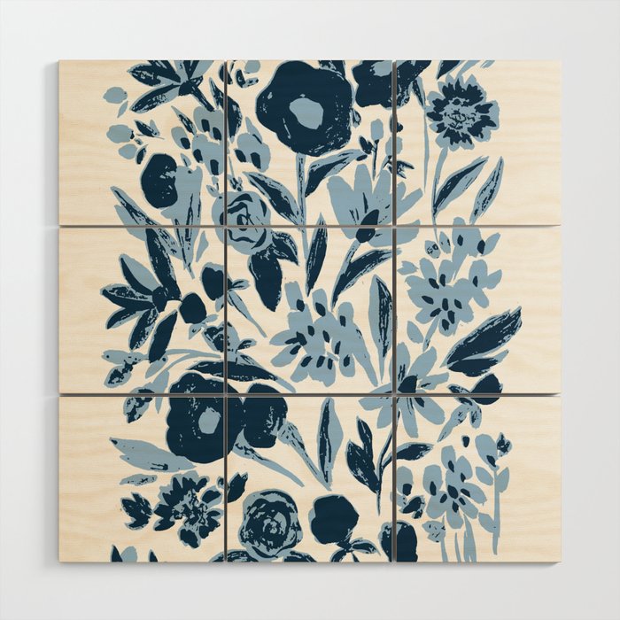 Blue monochrome artsy wildflowers Wood Wall Art Gallery Image 1