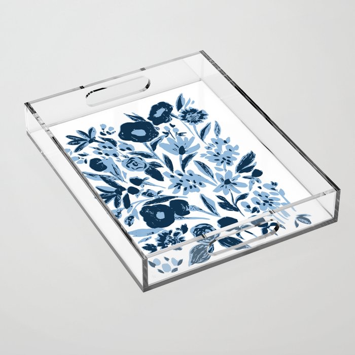 Blue monochrome artsy wildflowers Acrylic Tray Gallery Image 1