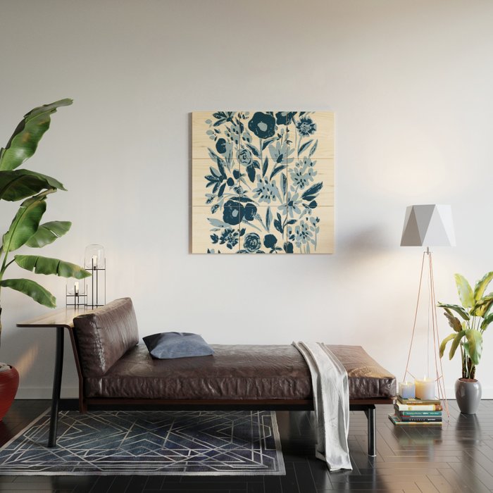 Blue monochrome artsy wildflowers Wood Wall Art Gallery Image 2