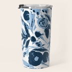 Blue monochrome artsy wildflowers Travel Mug Gallery Image 3