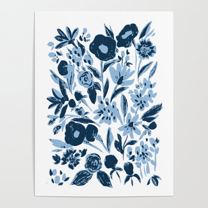 Blue monochrome artsy wildflowers Poster Gallery Image 1