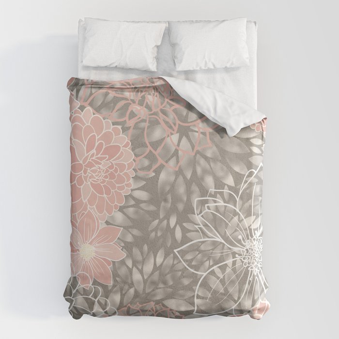 Festive, Floral Pattern Dahlias, Pink, Gray, White Duvet Cover Gallery Image 1