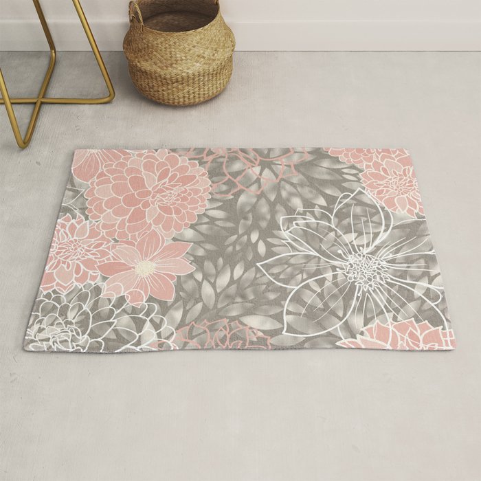 Festive, Floral Pattern Dahlias, Pink, Gray, White Rug Gallery Image 1