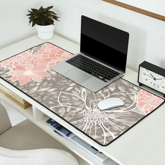 Festive, Floral Pattern Dahlias, Pink, Gray, White Desk Mat Gallery Image 2
