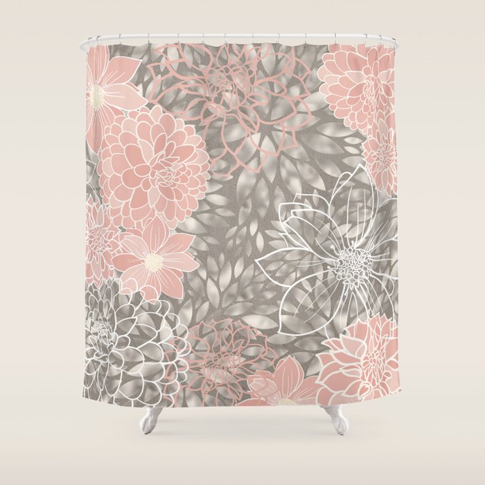 Festive, Floral Pattern Dahlias, Pink, Gray, White Shower Curtain Gallery Image 1