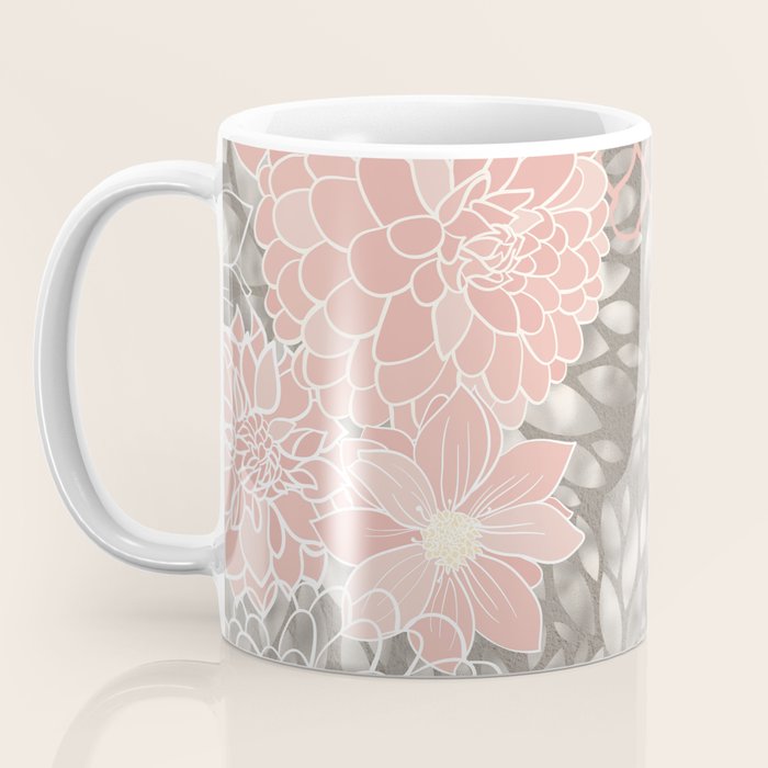 Festive, Floral Pattern Dahlias, Pink, Gray, White Coffee Mug Gallery Image 3