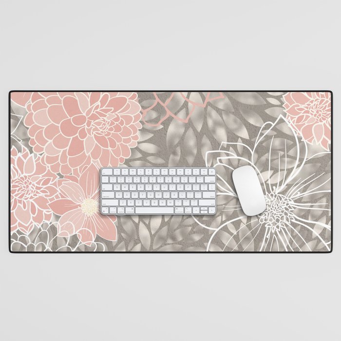 Festive, Floral Pattern Dahlias, Pink, Gray, White Desk Mat Gallery Image 1