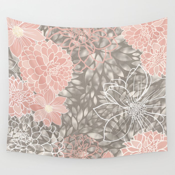 Festive, Floral Pattern Dahlias, Pink, Gray, White Wall Tapestry Gallery Image 4