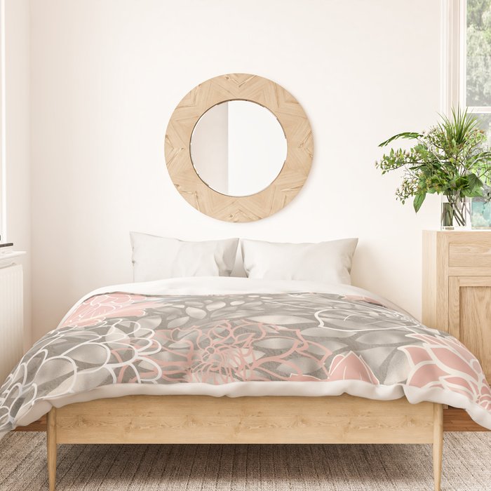Festive, Floral Pattern Dahlias, Pink, Gray, White Duvet Cover Gallery Image 3