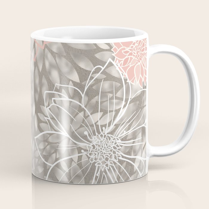 Festive, Floral Pattern Dahlias, Pink, Gray, White Coffee Mug Gallery Image 1
