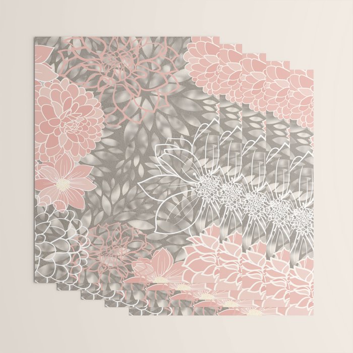 Festive, Floral Pattern Dahlias, Pink, Gray, White Wrapping Paper Gallery Image 3