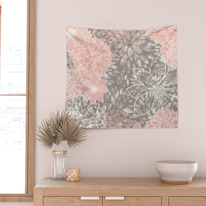 Festive, Floral Pattern Dahlias, Pink, Gray, White Wall Tapestry Gallery Image 2