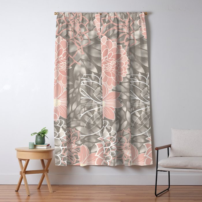 Festive, Floral Pattern Dahlias, Pink, Gray, White Window Curtain Gallery Image 5