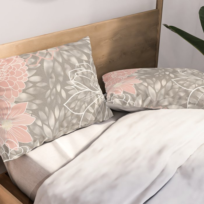 Festive, Floral Pattern Dahlias, Pink, Gray, White Pillow Sham Gallery Image 2