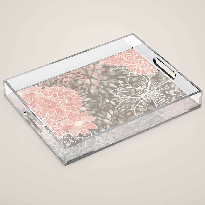 Festive, Floral Pattern Dahlias, Pink, Gray, White Acrylic Tray Gallery Image 1