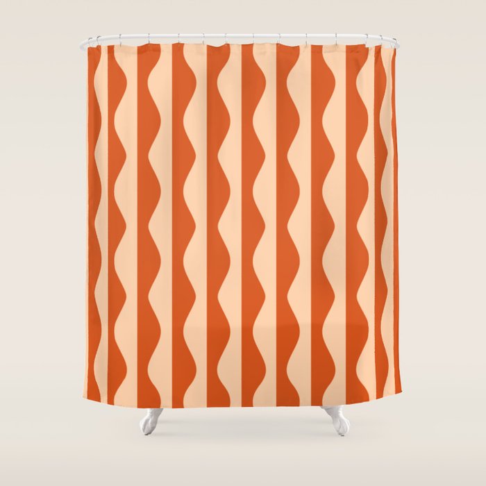 Retro Wavy Lines Pattern in Burnt Orange & Peach Shower Curtain Gallery Image 1