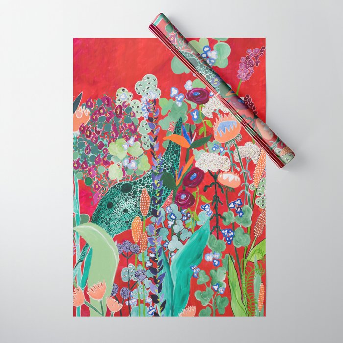 Red floral Jungle Garden Botanical featuring Proteas, Reeds, Eucalyptus, Ferns and Birds of Paradise Wrapping Paper Gallery Image 1
