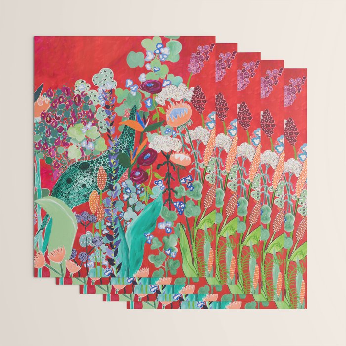 Red floral Jungle Garden Botanical featuring Proteas, Reeds, Eucalyptus, Ferns and Birds of Paradise Wrapping Paper Gallery Image 3