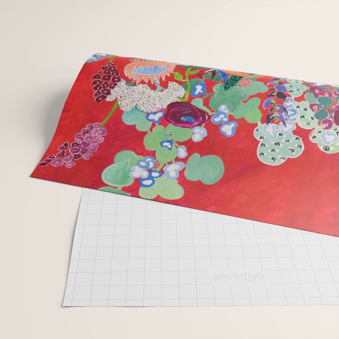 Red floral Jungle Garden Botanical featuring Proteas, Reeds, Eucalyptus, Ferns and Birds of Paradise Wrapping Paper Gallery Image 2