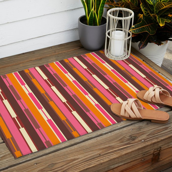 Eclectic Geo Chain Vertical Stripes Pattern Brown Orange Pink Outdoor Rug Gallery Image 2