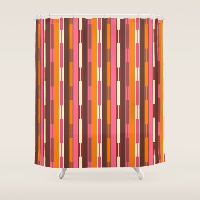 Eclectic Geo Chain Vertical Stripes Pattern Brown Orange Pink Shower Curtain Gallery Image 1