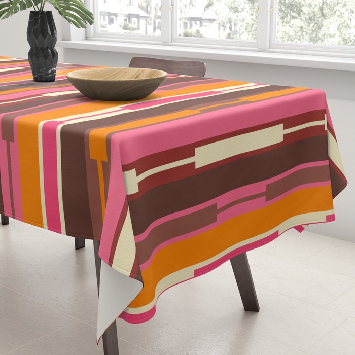 Eclectic Geo Chain Vertical Stripes Pattern Brown Orange Pink Tablecloth Gallery Image 3
