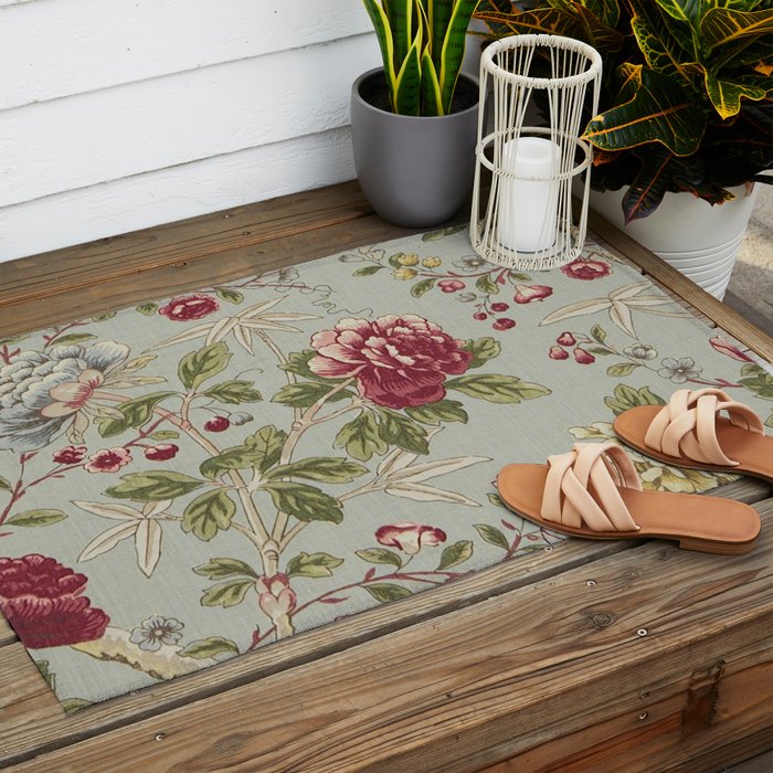 William Morris Tangley Duck Egg Blue Floral Outdoor Rug Gallery Image 2