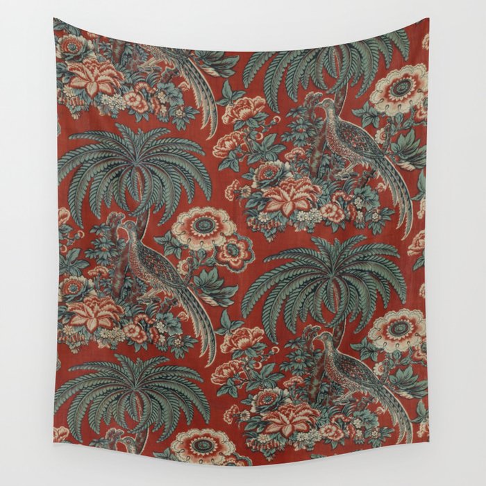 Classic Chinese Chinoiserie Floral Bird Pattern Red Wall Tapestry Gallery Image 1