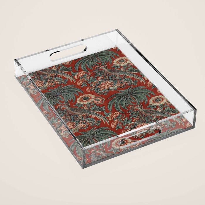 Classic Chinese Chinoiserie Floral Bird Pattern Red Acrylic Tray Gallery Image 1