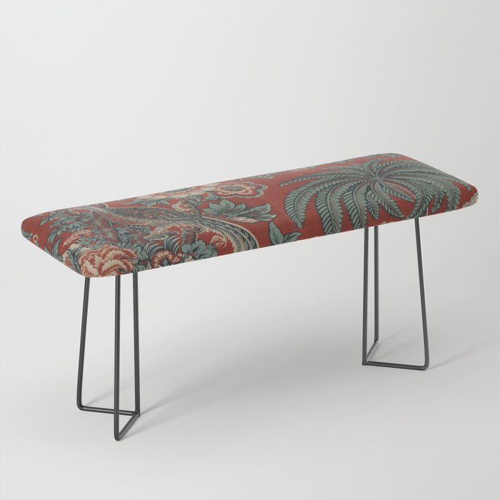 Classic Chinese Chinoiserie Floral Bird Pattern Red Bench Gallery Image 1