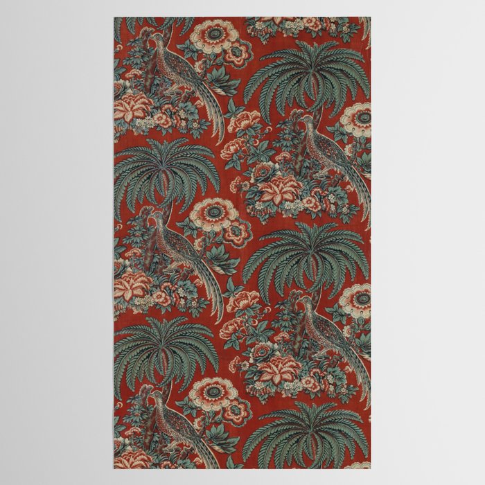 Classic Chinese Chinoiserie Floral Bird Pattern Red Tablecloth Gallery Image 2