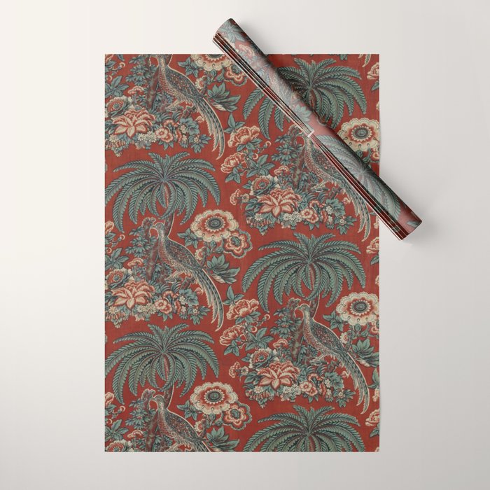 Classic Chinese Chinoiserie Floral Bird Pattern Red Wrapping Paper Gallery Image 1