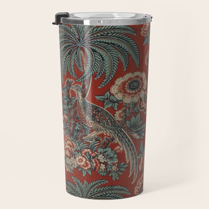 Classic Chinese Chinoiserie Floral Bird Pattern Red Travel Mug Gallery Image 3