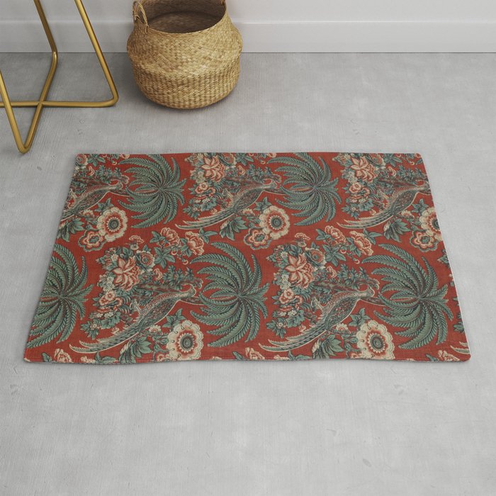 Classic Chinese Chinoiserie Floral Bird Pattern Red Rug Gallery Image 1