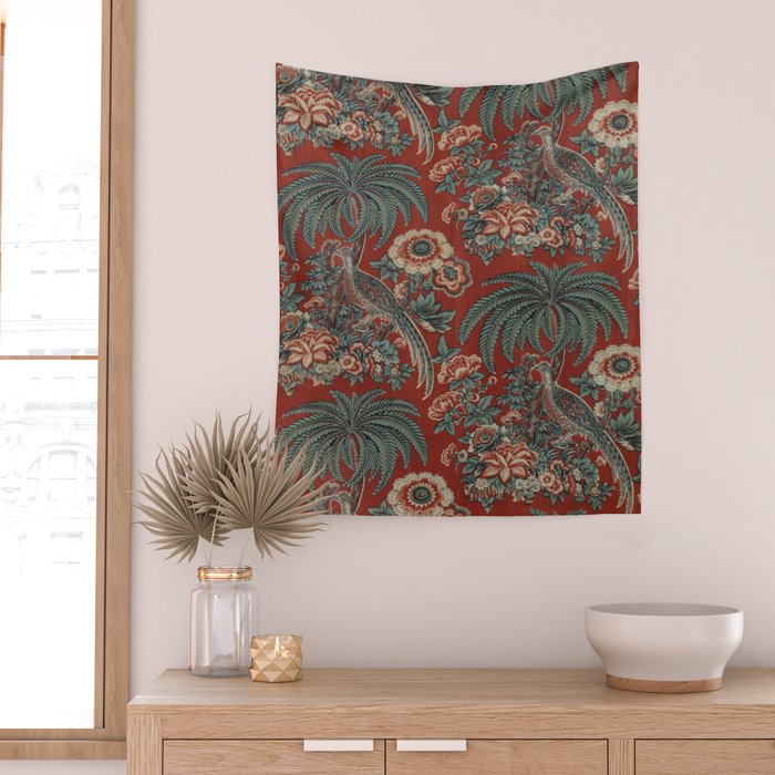 Classic Chinese Chinoiserie Floral Bird Pattern Red Wall Tapestry Gallery Image 2