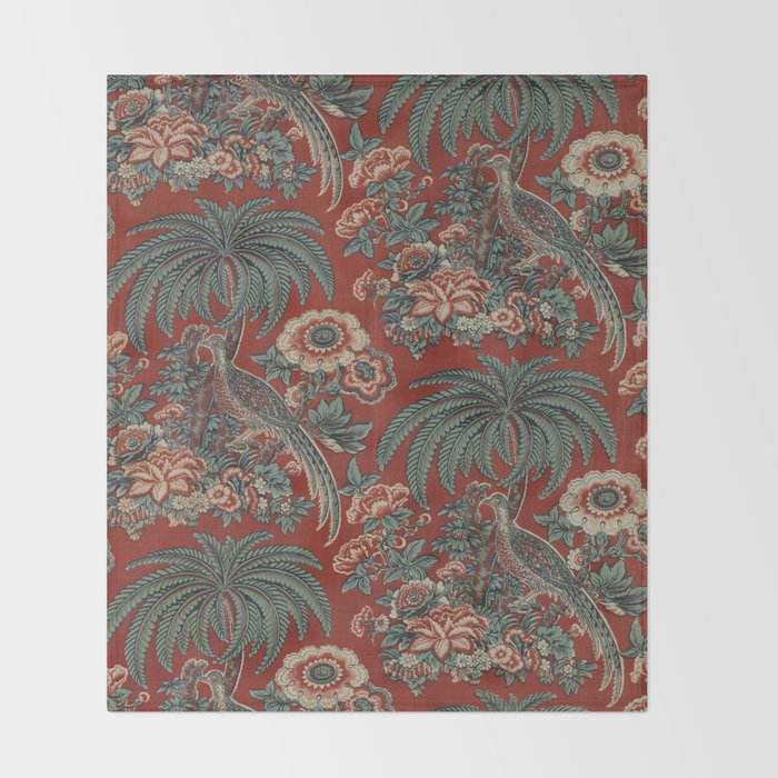 Classic Chinese Chinoiserie Floral Bird Pattern Red Throw Blanket Gallery Image 2