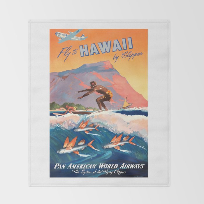1947 Fly To Hawaii By Clipper Pan American Travel Poster Throw Blanket Gallery Image 2