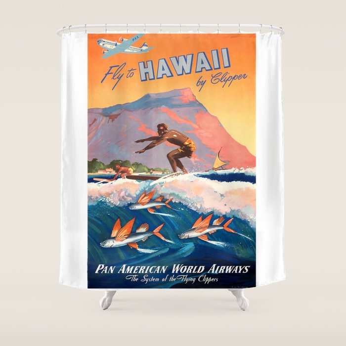1947 Fly To Hawaii By Clipper Pan American Travel Poster Shower Curtain Gallery Image 1