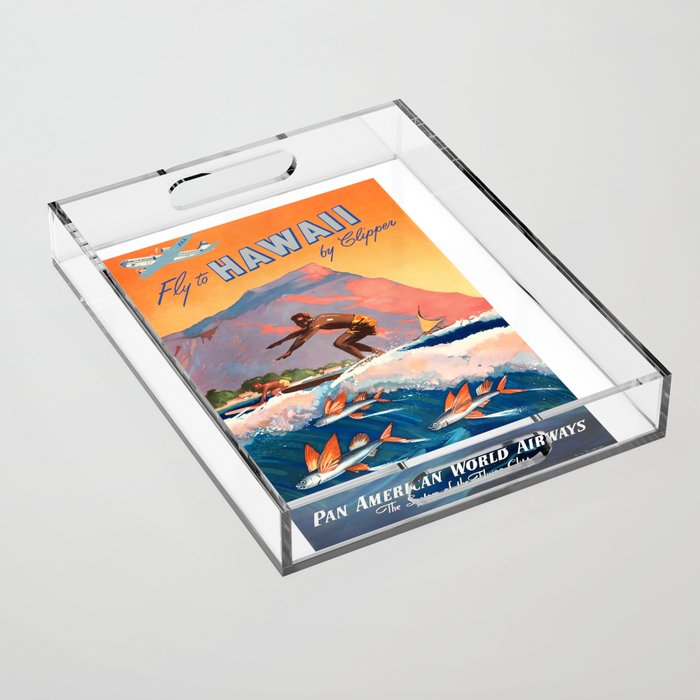 1947 Fly To Hawaii By Clipper Pan American Travel Poster Acrylic Tray Gallery Image 1